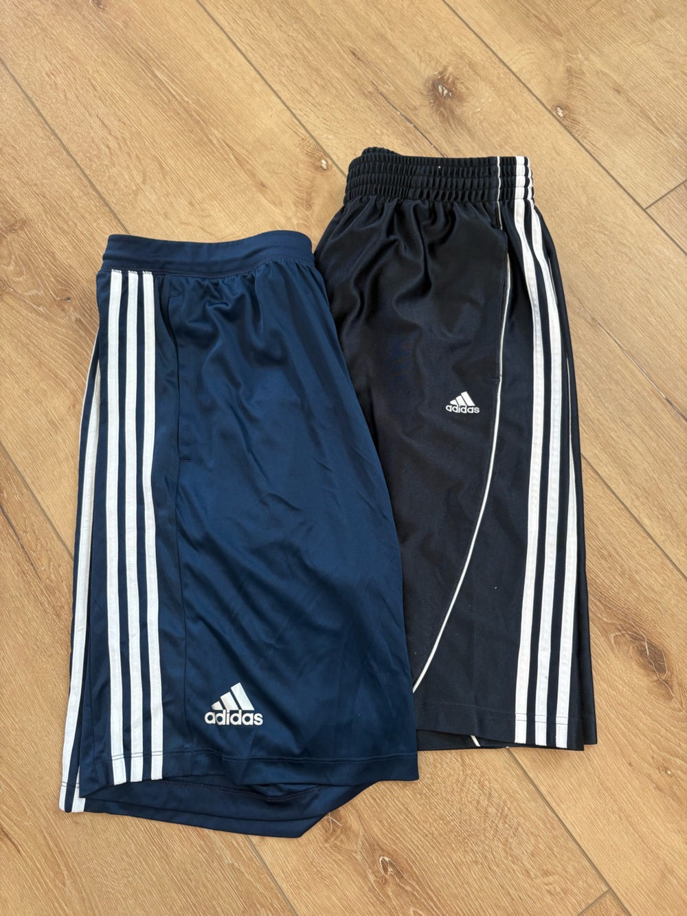 adidas Navy and Black Athletic Shorts with White Three-Stripes